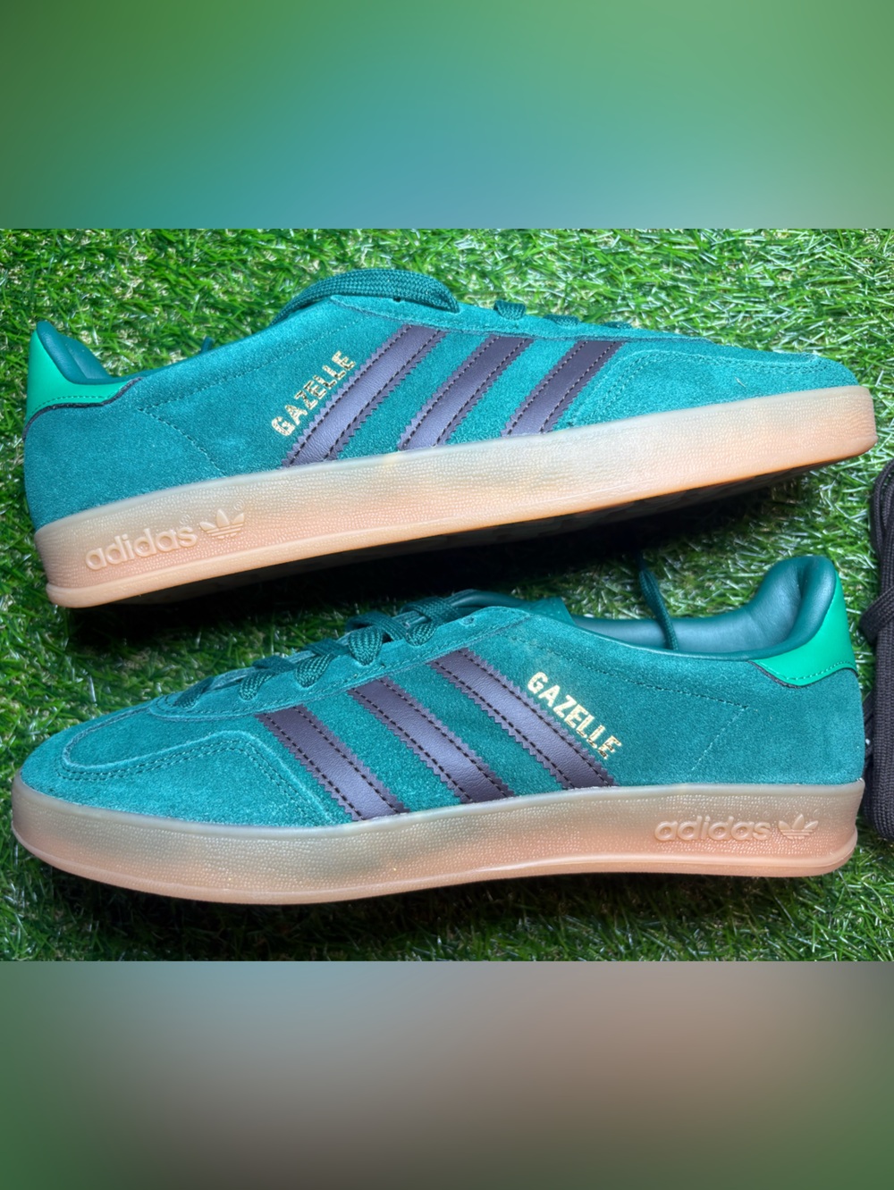 adidas Gazelle Teal Suede Sneakers with black Stripes and Gum Sole